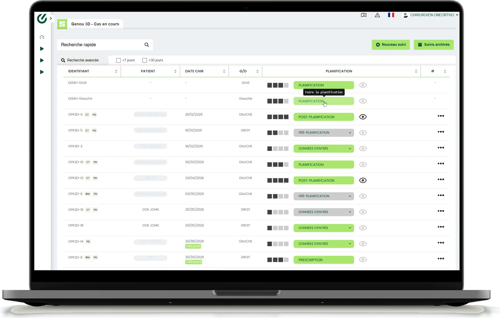 Plateforme OneOrtho en marque blanche : tableau de suivi des cas