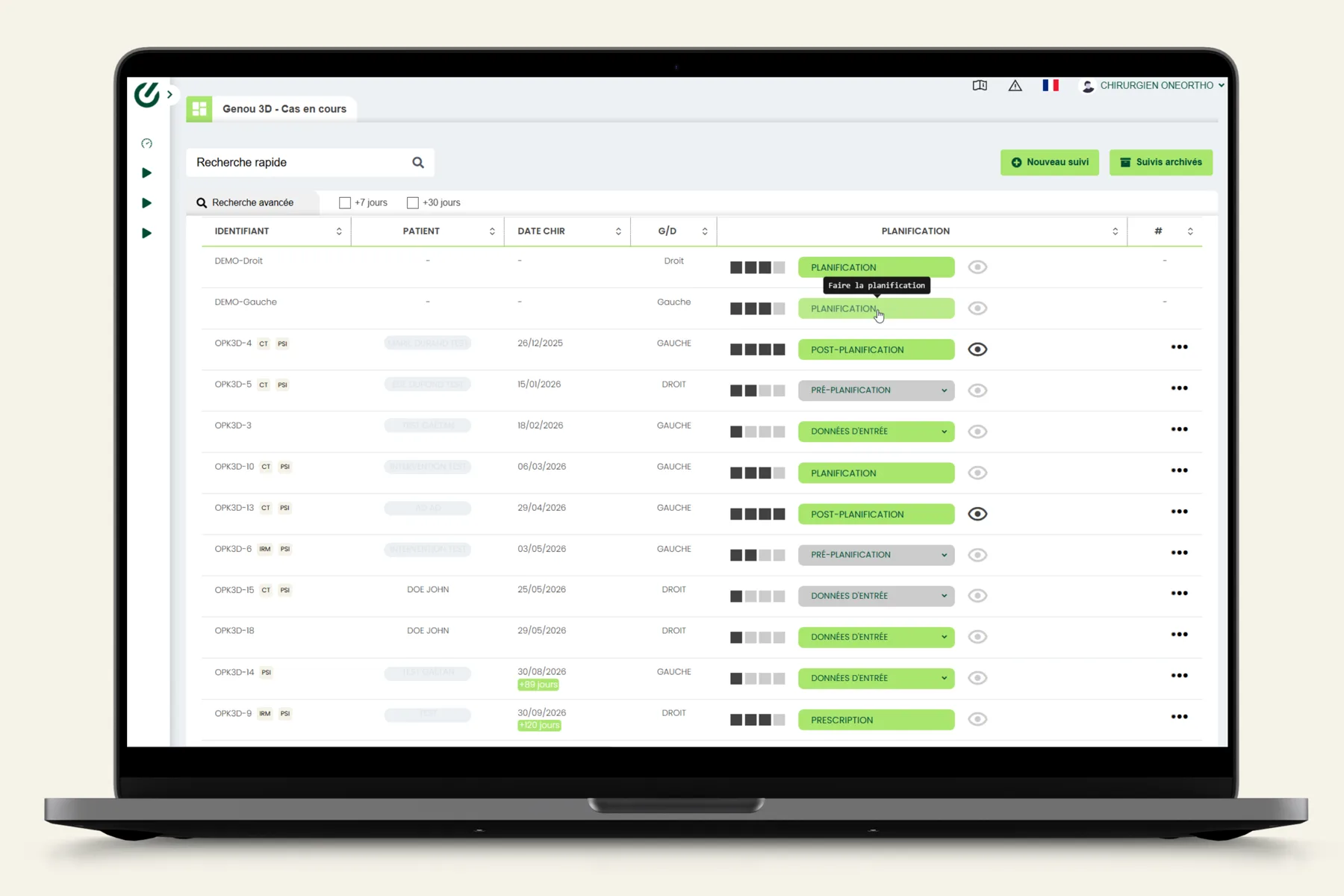 Plateforme OneOrtho : tableau de suivi