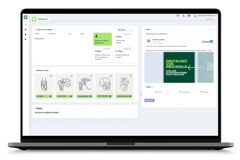 Plateforme OneOrtho sur ordinateur portable : tableau de bord des dossiers patients et modules de planification chirurgicale