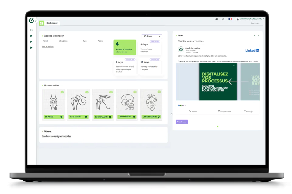 Plateforme OneOrtho sur ordinateur portable : tableau de bord des dossiers patients et modules de planification chirurgicale